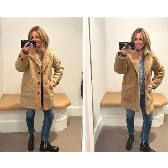 DEREK LAM 70s Reversible Wool Blend Quilted Faux Shearling Oversized Barn Coat 6 - Picture 15 of 17